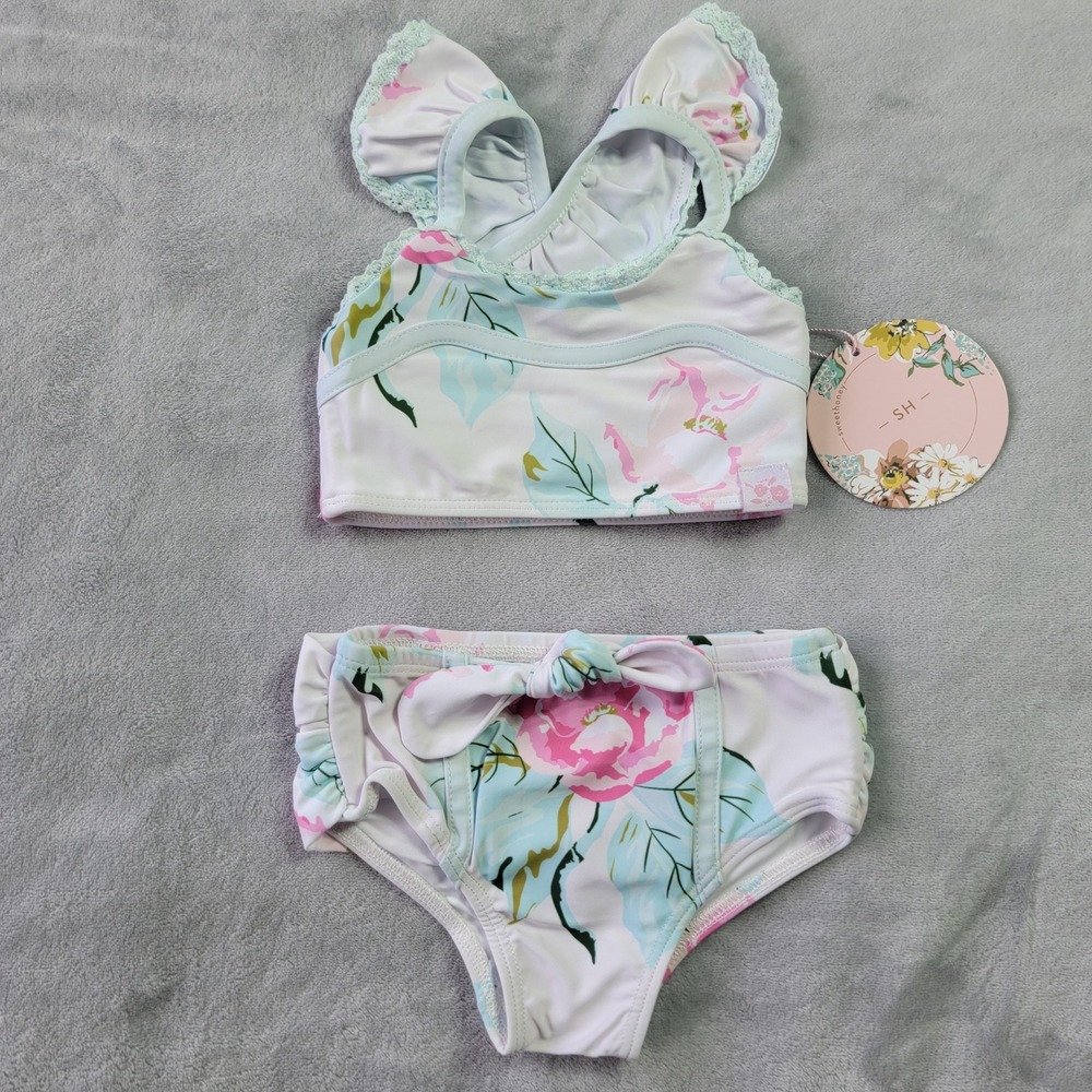 SweetHoney Girls Floral Ruffle Two Piece Swimsuit Bikini White Pink Mint 12m NEW